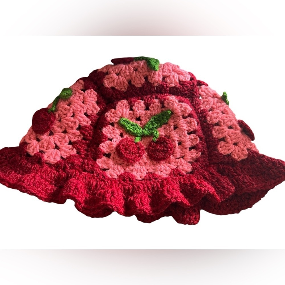 π Handmade Crochet Cherry Ruffle Hat π - Picture 4 of 6
